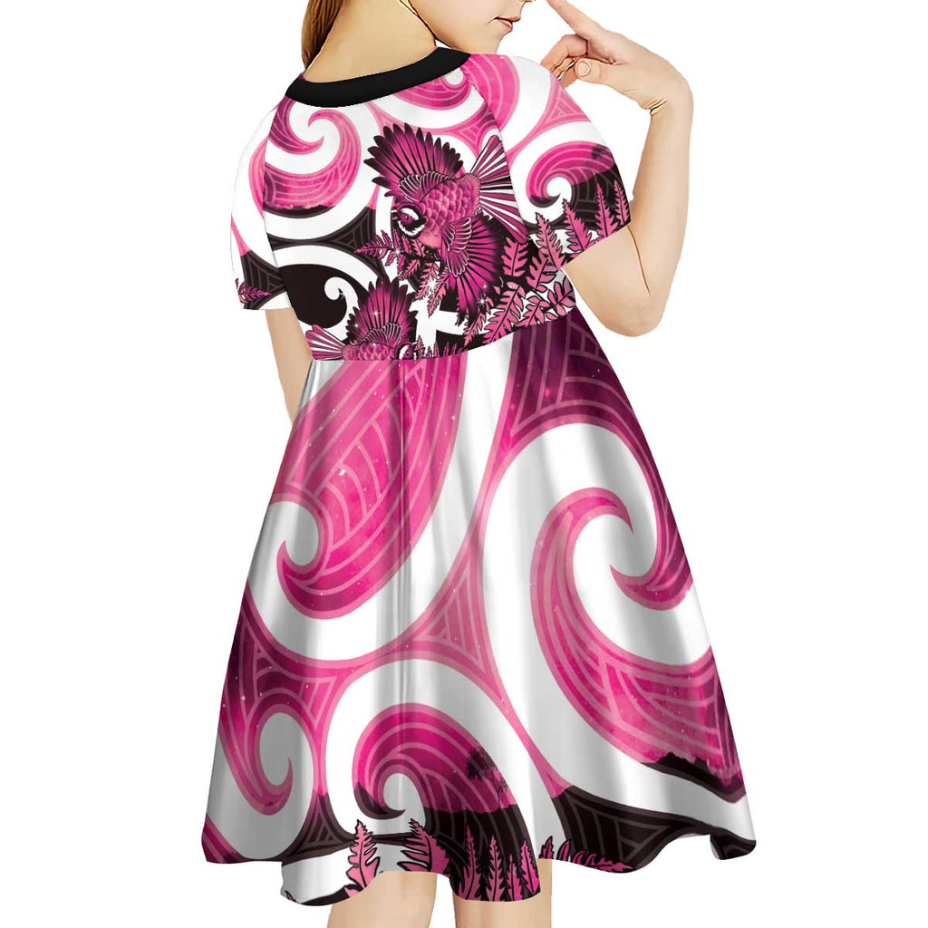 Piwakawaka New Zealand Matariki Kid Short Sleeve Dress Maori New Year Silver Fern Pink Galaxy