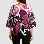 Piwakawaka New Zealand Matariki Kimono Sleeve Blouse Maori New Year Silver Fern Pink Galaxy