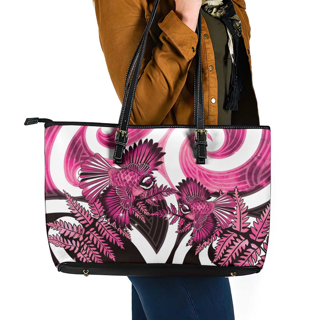 Piwakawaka New Zealand Matariki Leather Tote Bag Maori New Year Silver Fern Pink Galaxy