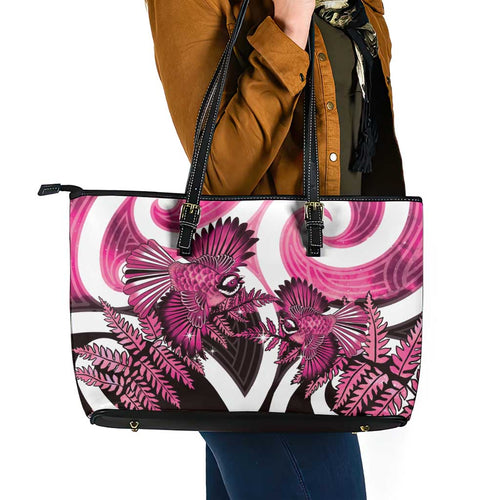 Piwakawaka New Zealand Matariki Leather Tote Bag Maori New Year Silver Fern Pink Galaxy