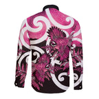 Piwakawaka New Zealand Matariki Long Sleeve Button Shirt Maori New Year Silver Fern Pink Galaxy
