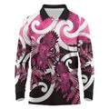 Piwakawaka New Zealand Matariki Long Sleeve Polo Shirt Maori New Year Silver Fern Pink Galaxy