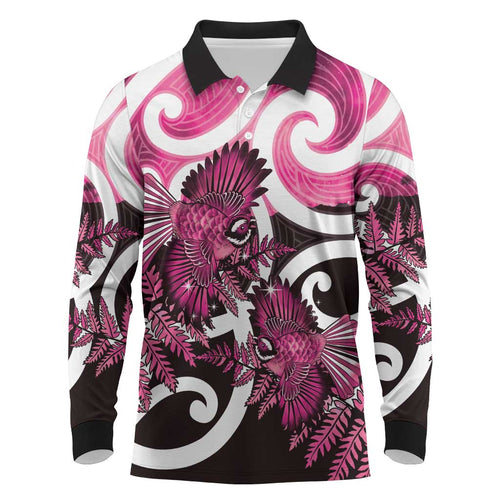 Piwakawaka New Zealand Matariki Long Sleeve Polo Shirt Maori New Year Silver Fern Pink Galaxy