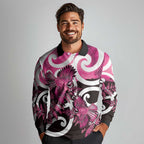 Piwakawaka New Zealand Matariki Long Sleeve Polo Shirt Maori New Year Silver Fern Pink Galaxy