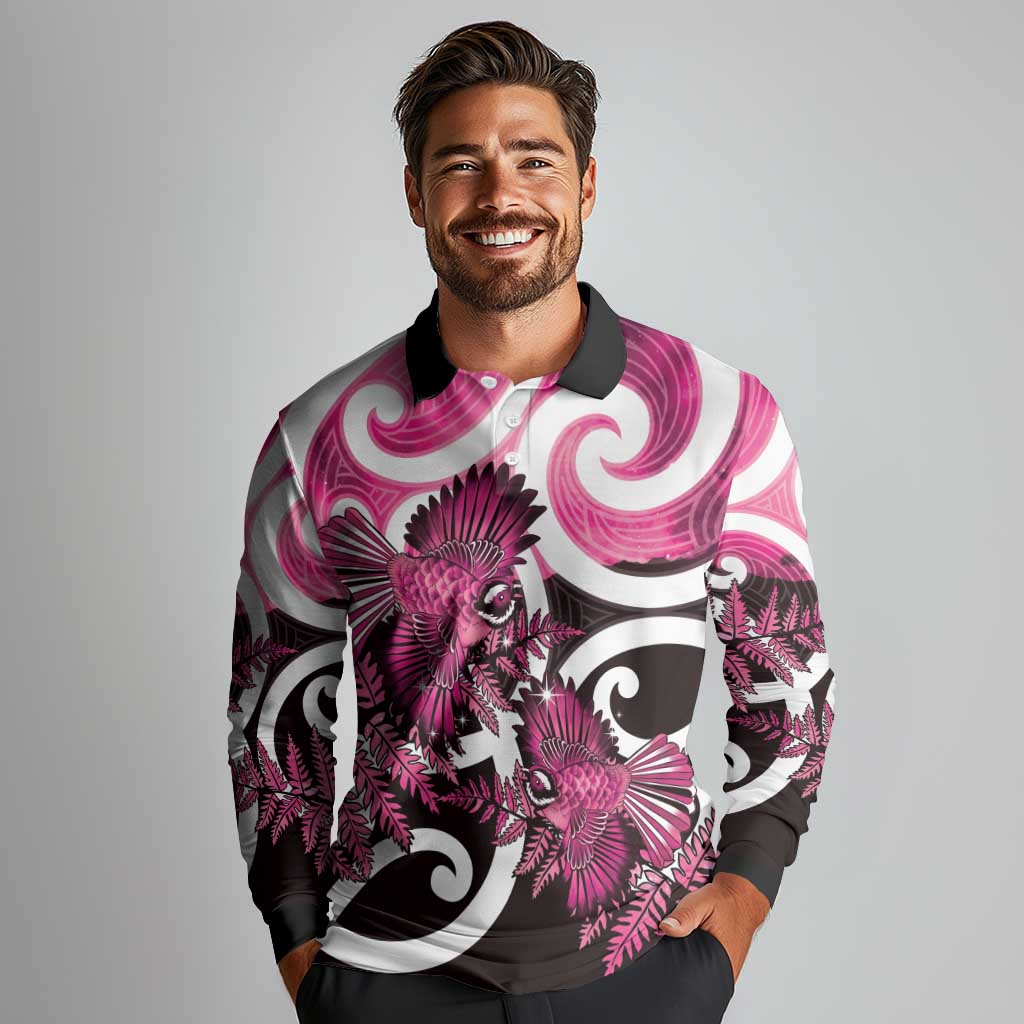 Piwakawaka New Zealand Matariki Long Sleeve Polo Shirt Maori New Year Silver Fern Pink Galaxy