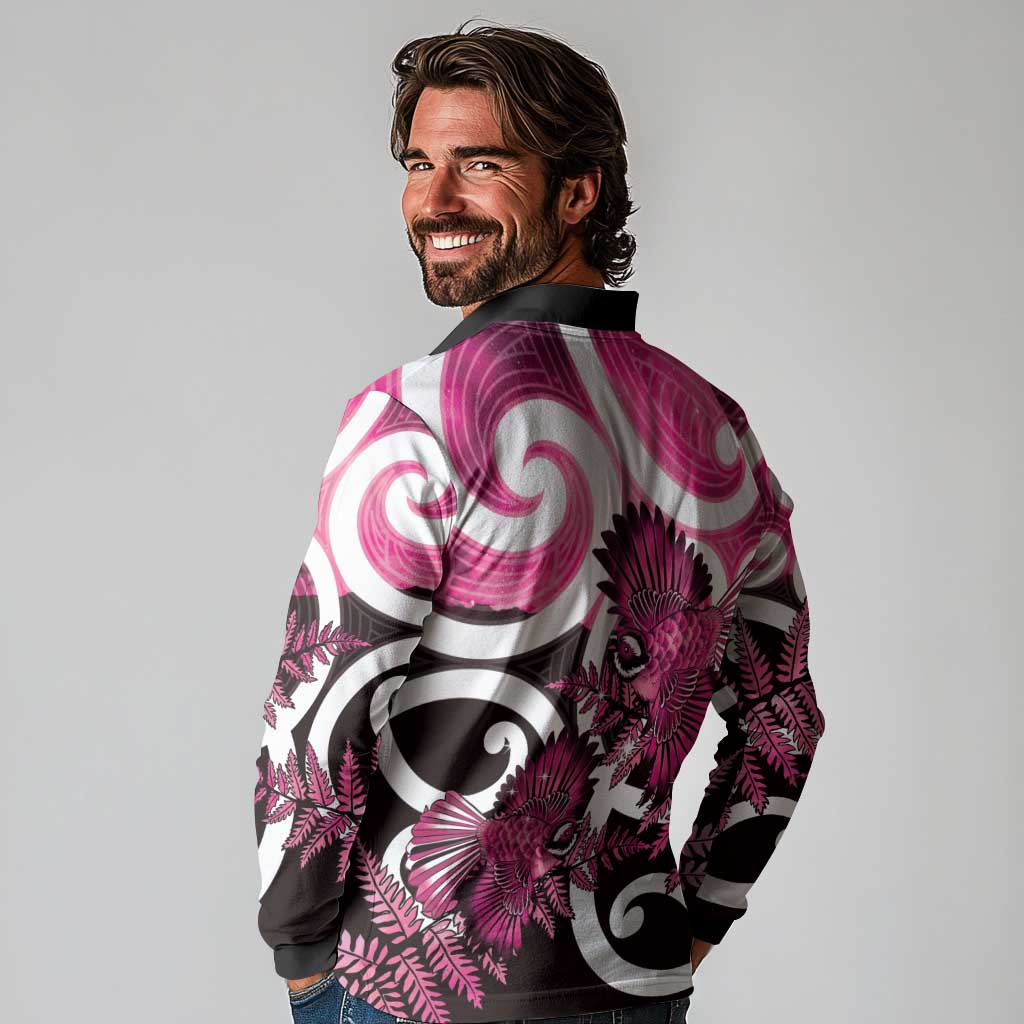 Piwakawaka New Zealand Matariki Long Sleeve Polo Shirt Maori New Year Silver Fern Pink Galaxy
