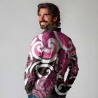 Piwakawaka New Zealand Matariki Long Sleeve Polo Shirt Maori New Year Silver Fern Pink Galaxy