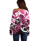 Piwakawaka New Zealand Matariki Off Shoulder Sweater Maori New Year Silver Fern Pink Galaxy