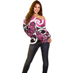 Piwakawaka New Zealand Matariki Off Shoulder Sweater Maori New Year Silver Fern Pink Galaxy