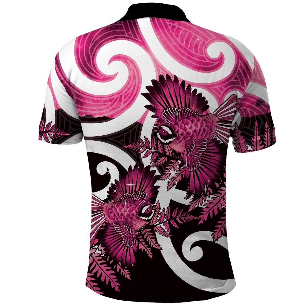 Piwakawaka New Zealand Matariki Polo Shirt Maori New Year Silver Fern Pink Galaxy