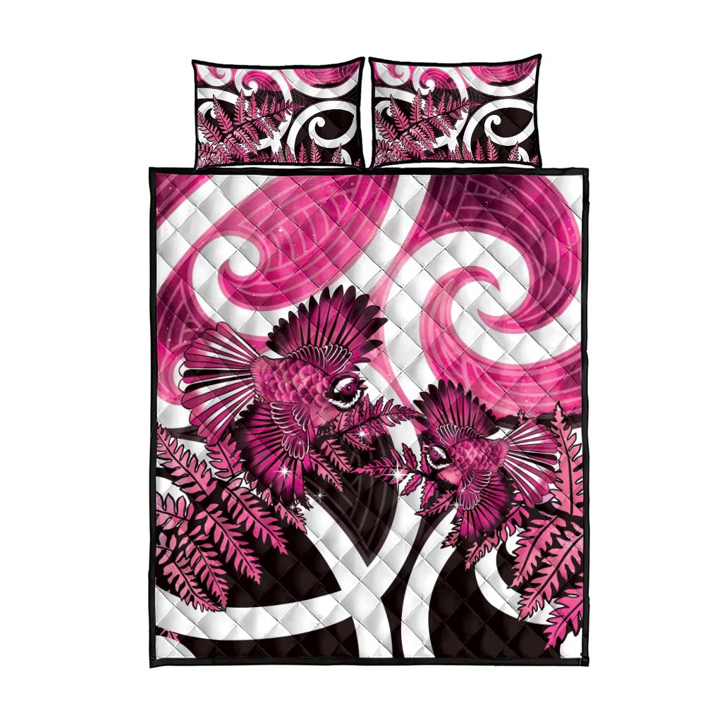 Piwakawaka New Zealand Matariki Quilt Bed Set Maori New Year Silver Fern Pink Galaxy