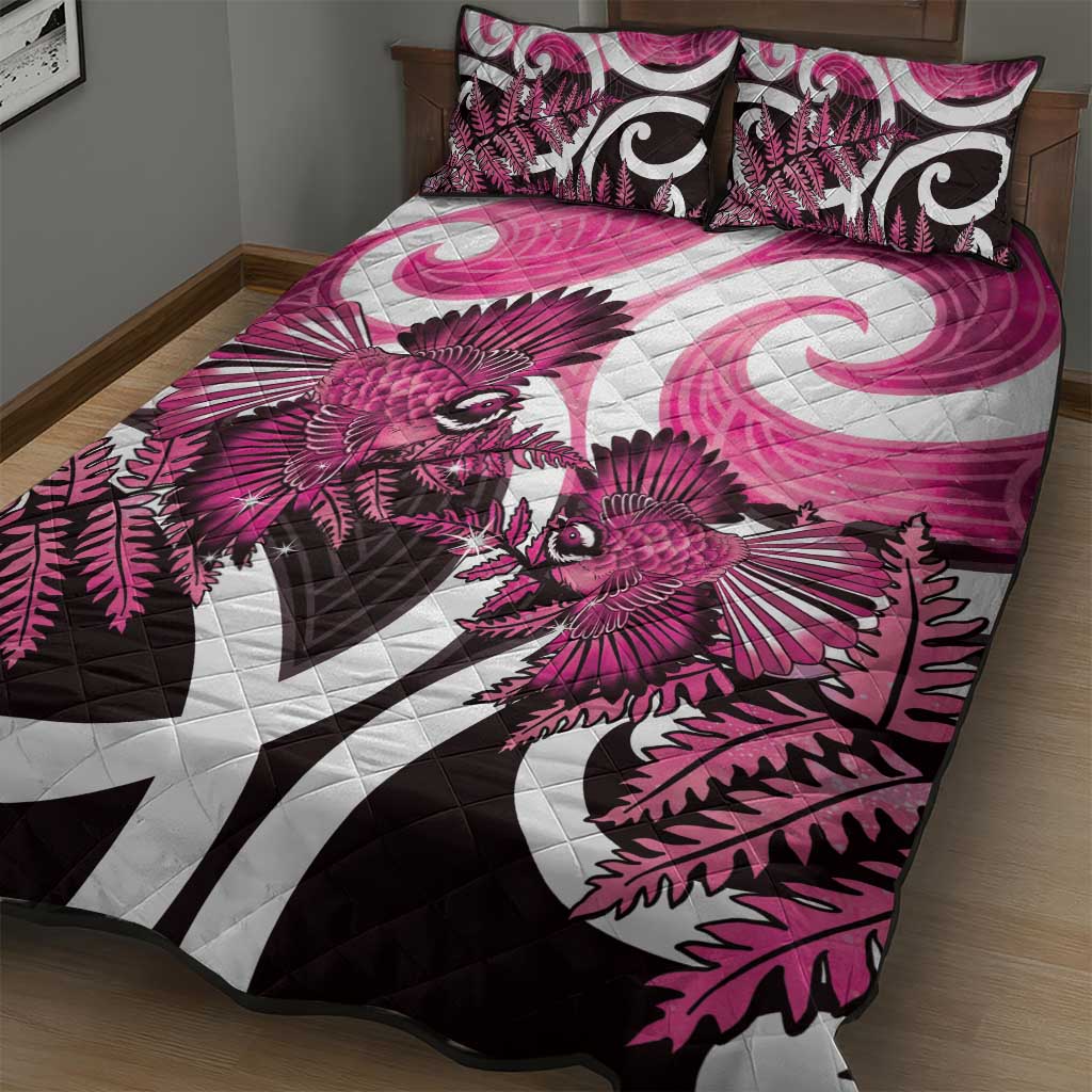 Piwakawaka New Zealand Matariki Quilt Bed Set Maori New Year Silver Fern Pink Galaxy