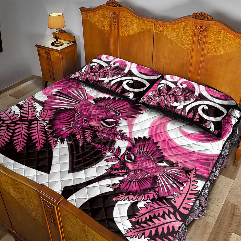 Piwakawaka New Zealand Matariki Quilt Bed Set Maori New Year Silver Fern Pink Galaxy