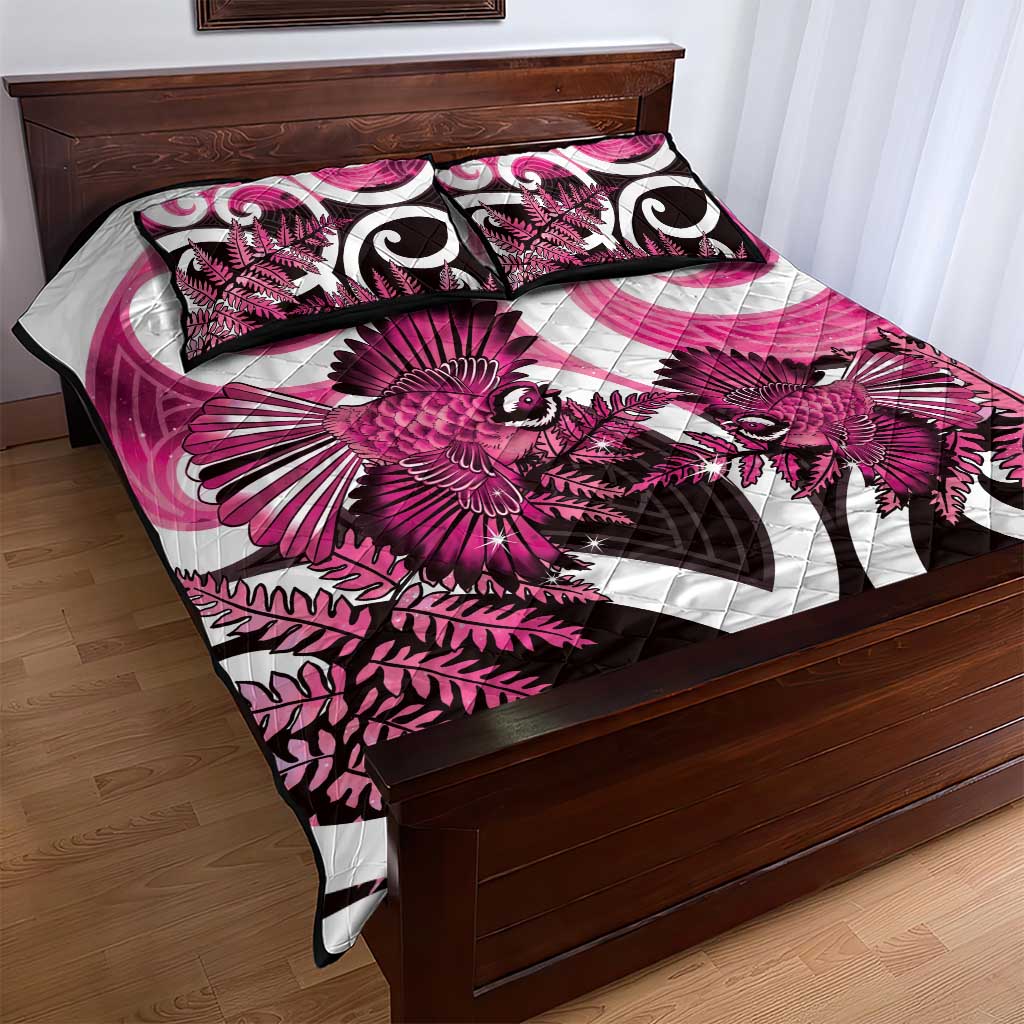 Piwakawaka New Zealand Matariki Quilt Bed Set Maori New Year Silver Fern Pink Galaxy