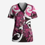 Piwakawaka New Zealand Matariki Scrub Top Maori New Year Silver Fern Pink Galaxy