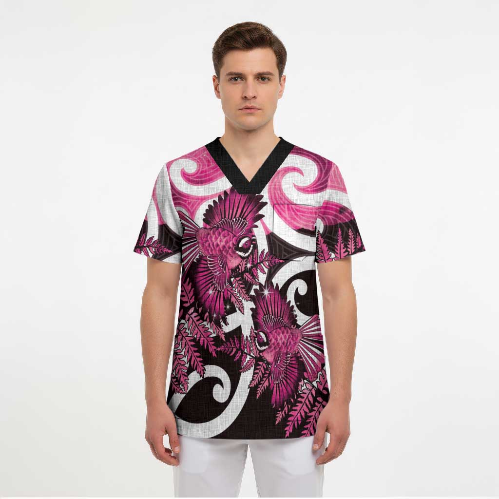 Piwakawaka New Zealand Matariki Scrub Top Maori New Year Silver Fern Pink Galaxy