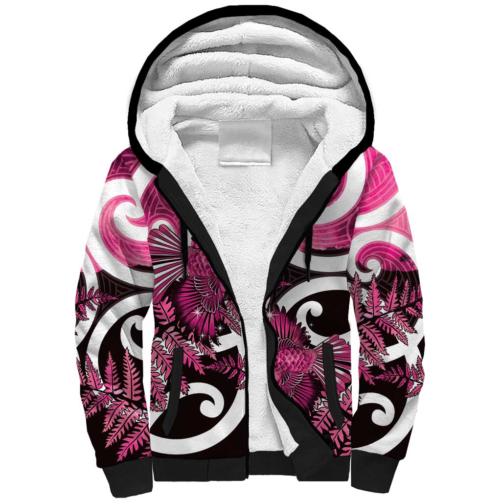 Piwakawaka New Zealand Matariki Sherpa Hoodie Maori New Year Silver Fern Pink Galaxy