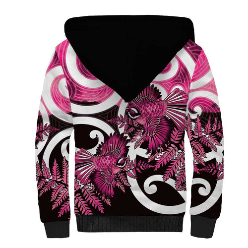 Piwakawaka New Zealand Matariki Sherpa Hoodie Maori New Year Silver Fern Pink Galaxy