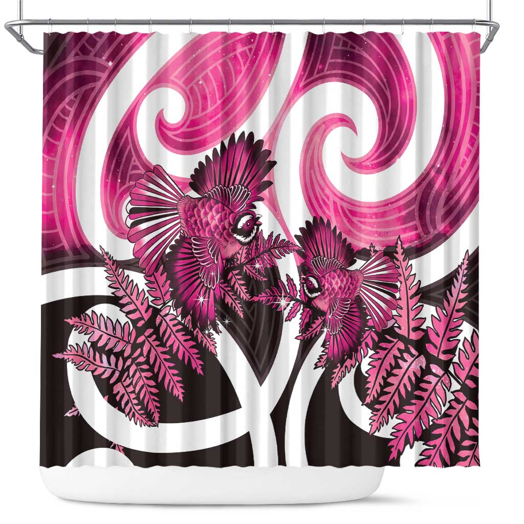 Piwakawaka New Zealand Matariki Shower Curtain Maori New Year Silver Fern Pink Galaxy