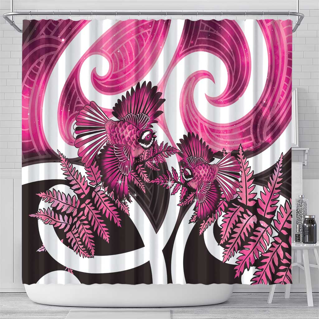 Piwakawaka New Zealand Matariki Shower Curtain Maori New Year Silver Fern Pink Galaxy