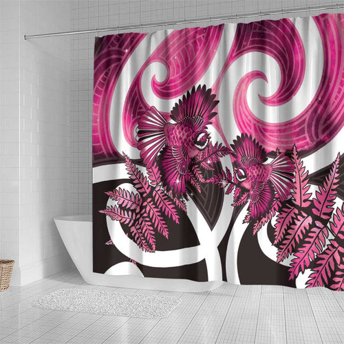 Piwakawaka New Zealand Matariki Shower Curtain Maori New Year Silver Fern Pink Galaxy