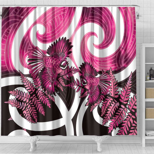 Piwakawaka New Zealand Matariki Shower Curtain Maori New Year Silver Fern Pink Galaxy