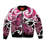 Piwakawaka New Zealand Matariki Sleeve Zip Bomber Jacket Maori New Year Silver Fern Pink Galaxy