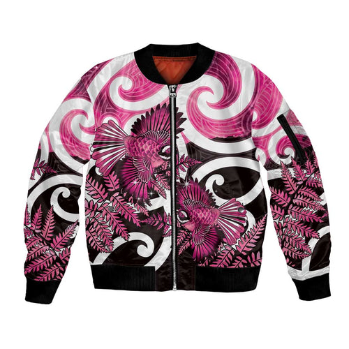Piwakawaka New Zealand Matariki Sleeve Zip Bomber Jacket Maori New Year Silver Fern Pink Galaxy