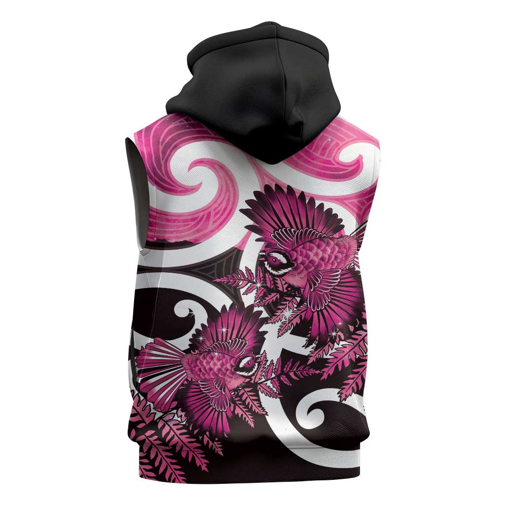 Piwakawaka New Zealand Matariki Sleeveless Hoodie Maori New Year Silver Fern Pink Galaxy