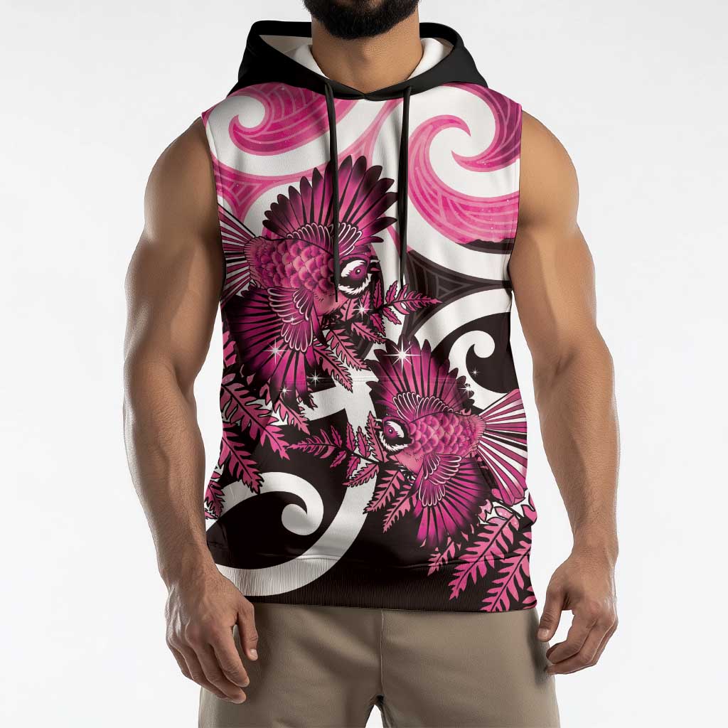 Piwakawaka New Zealand Matariki Sleeveless Hoodie Maori New Year Silver Fern Pink Galaxy