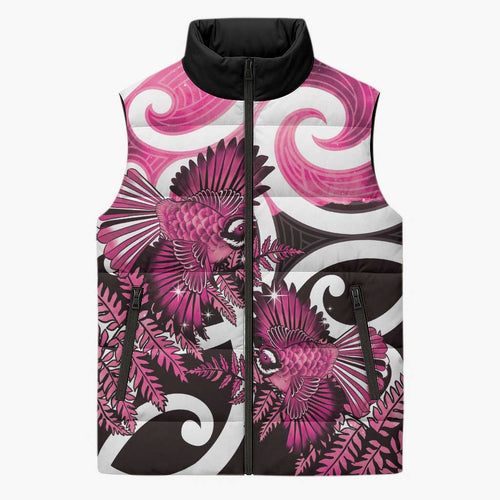Piwakawaka New Zealand Matariki Sleeveless Puffer Jacket Maori New Year Silver Fern Pink Galaxy