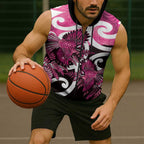 Piwakawaka New Zealand Matariki Sleeveless Zip Hoodie Maori New Year Silver Fern Pink Galaxy