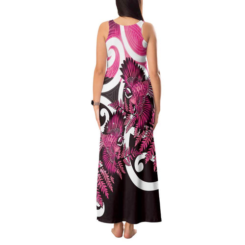 Piwakawaka New Zealand Matariki Tank Maxi Dress Maori New Year Silver Fern Pink Galaxy