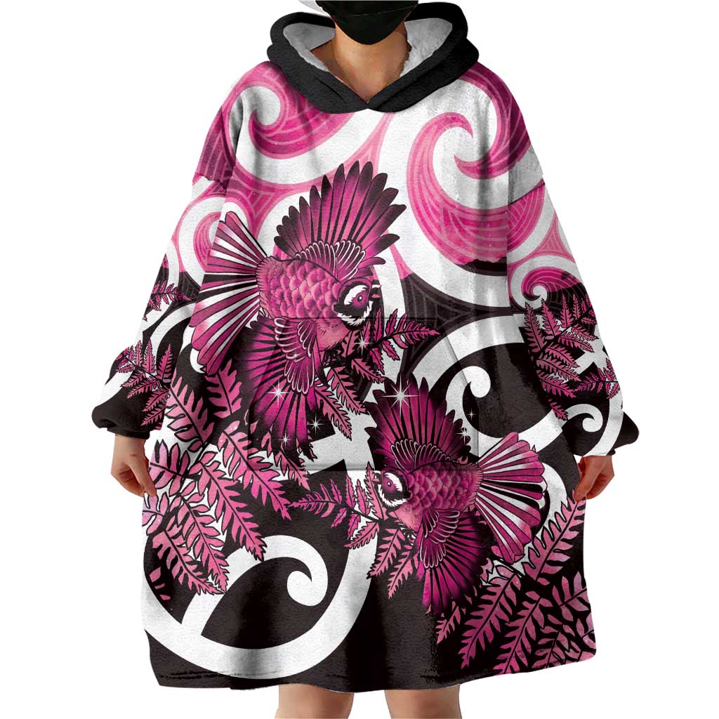Piwakawaka New Zealand Matariki Wearable Blanket Hoodie Maori New Year Silver Fern Pink Galaxy