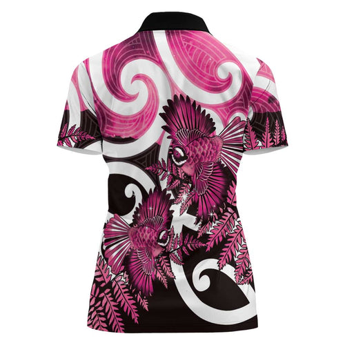 Piwakawaka New Zealand Matariki Women Polo Shirt Maori New Year Silver Fern Pink Galaxy