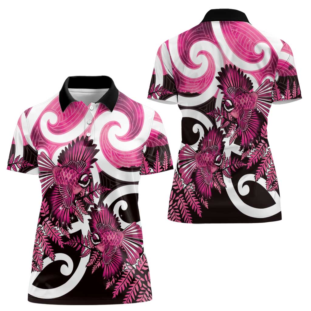 Piwakawaka New Zealand Matariki Women Polo Shirt Maori New Year Silver Fern Pink Galaxy