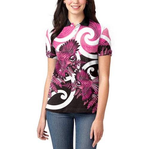 Piwakawaka New Zealand Matariki Women Polo Shirt Maori New Year Silver Fern Pink Galaxy