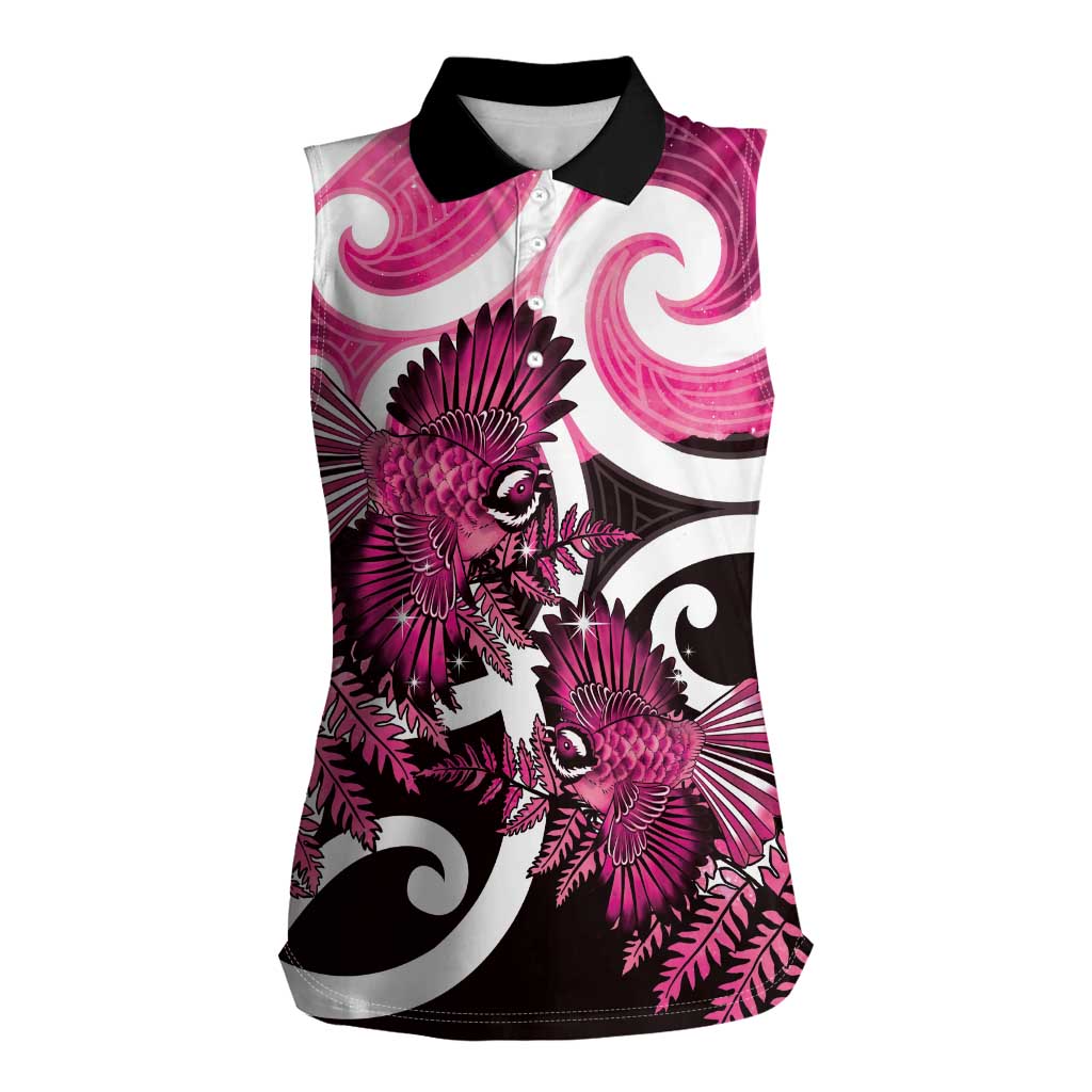 Piwakawaka New Zealand Matariki Women Sleeveless Polo Shirt Maori New Year Silver Fern Pink Galaxy