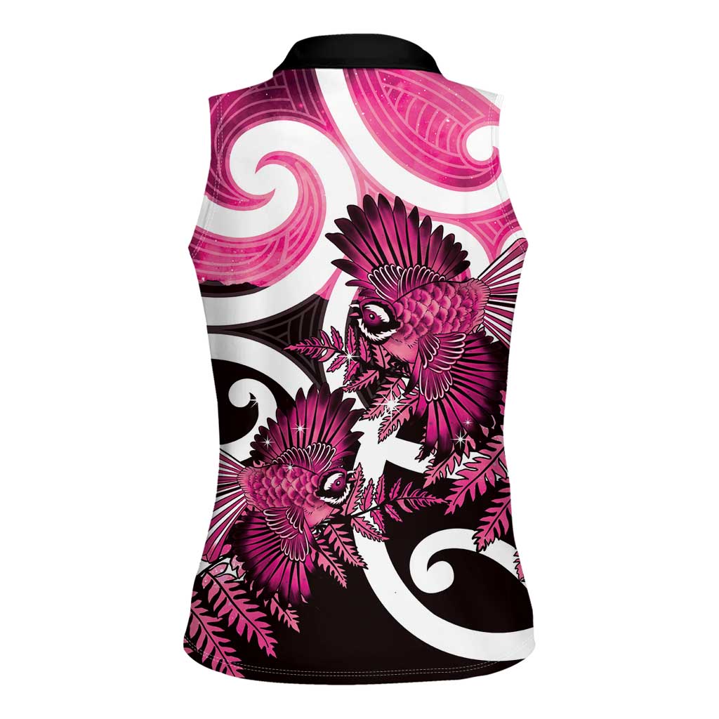 Piwakawaka New Zealand Matariki Women Sleeveless Polo Shirt Maori New Year Silver Fern Pink Galaxy