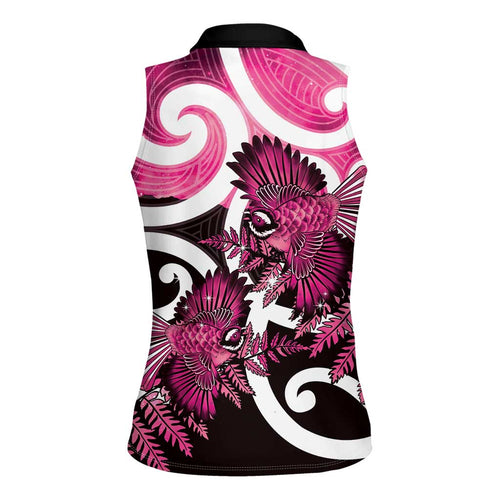 Piwakawaka New Zealand Matariki Women Sleeveless Polo Shirt Maori New Year Silver Fern Pink Galaxy