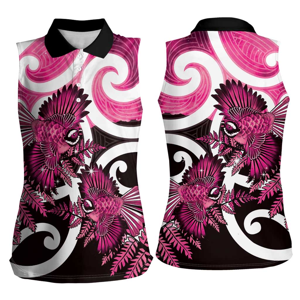 Piwakawaka New Zealand Matariki Women Sleeveless Polo Shirt Maori New Year Silver Fern Pink Galaxy