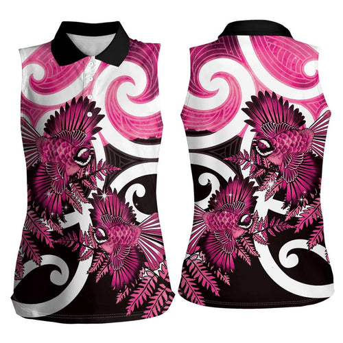 Piwakawaka New Zealand Matariki Women Sleeveless Polo Shirt Maori New Year Silver Fern Pink Galaxy