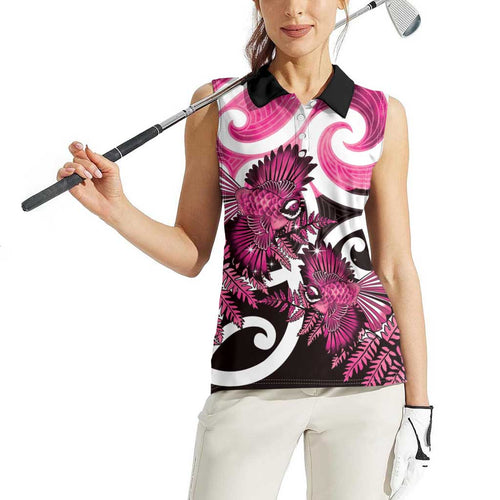 Piwakawaka New Zealand Matariki Women Sleeveless Polo Shirt Maori New Year Silver Fern Pink Galaxy