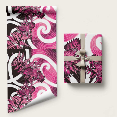 Piwakawaka New Zealand Matariki Wrapping Paper Maori New Year Silver Fern Pink Galaxy