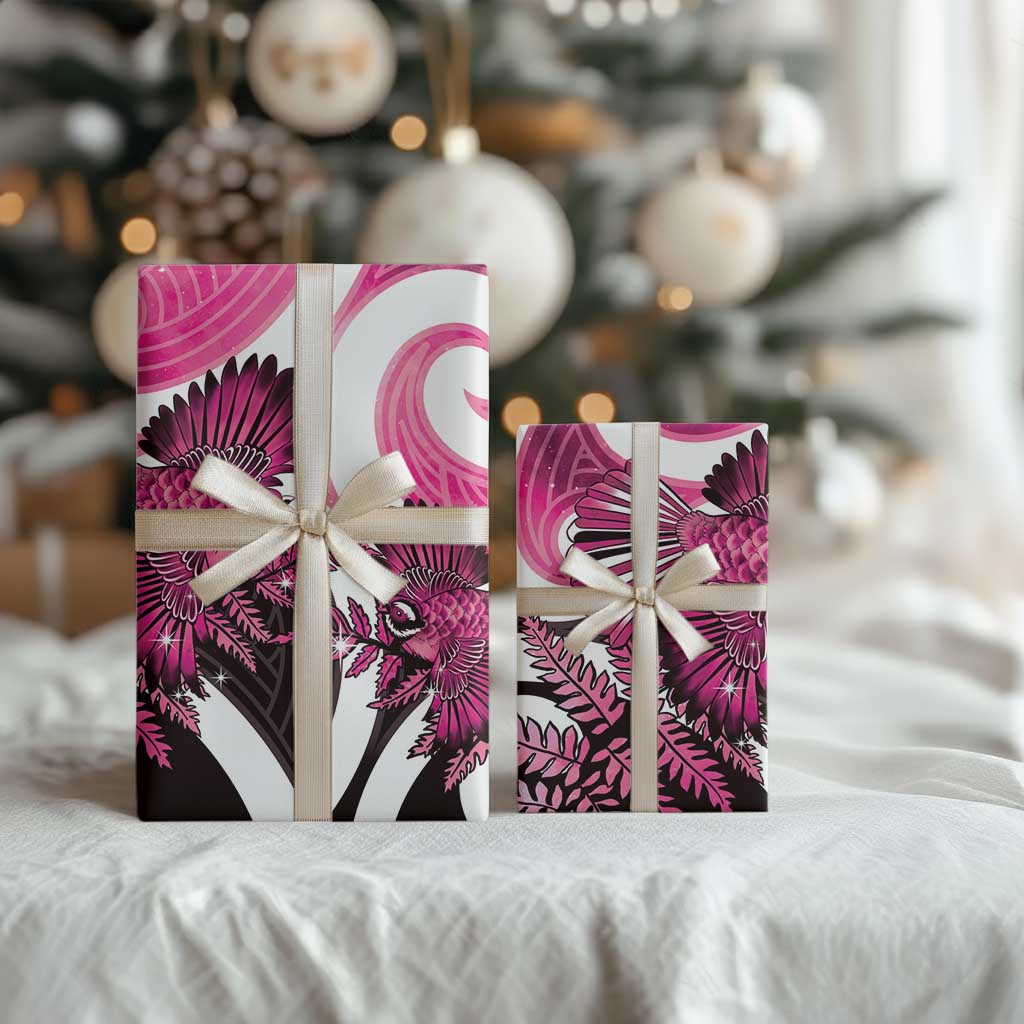 Piwakawaka New Zealand Matariki Wrapping Paper Maori New Year Silver Fern Pink Galaxy