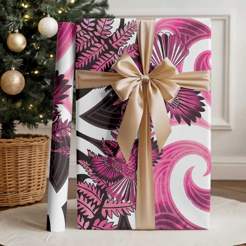 Piwakawaka New Zealand Matariki Wrapping Paper Maori New Year Silver Fern Pink Galaxy
