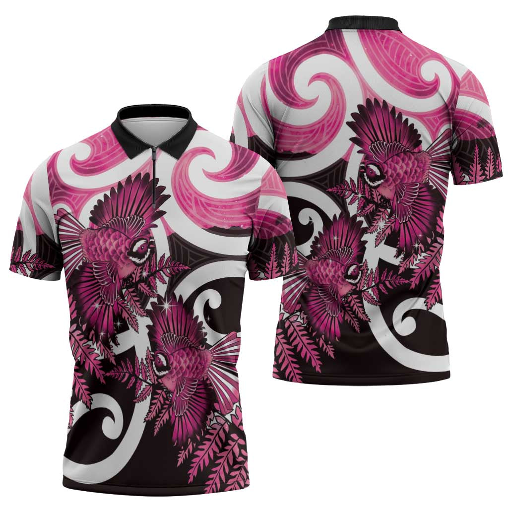 Piwakawaka New Zealand Matariki Zipper Polo Shirt Maori New Year Silver Fern Pink Galaxy
