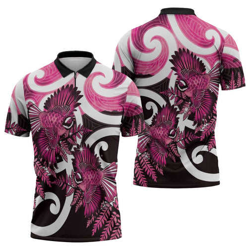 Piwakawaka New Zealand Matariki Zipper Polo Shirt Maori New Year Silver Fern Pink Galaxy