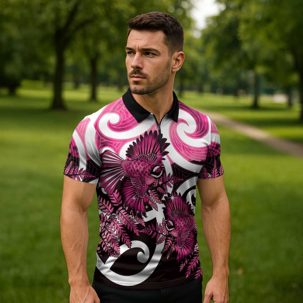 Piwakawaka New Zealand Matariki Zipper Polo Shirt Maori New Year Silver Fern Pink Galaxy