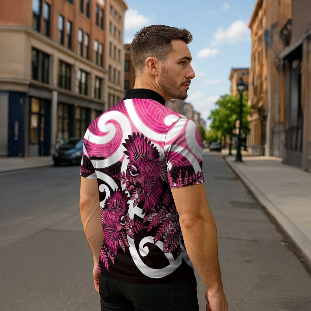 Piwakawaka New Zealand Matariki Zipper Polo Shirt Maori New Year Silver Fern Pink Galaxy
